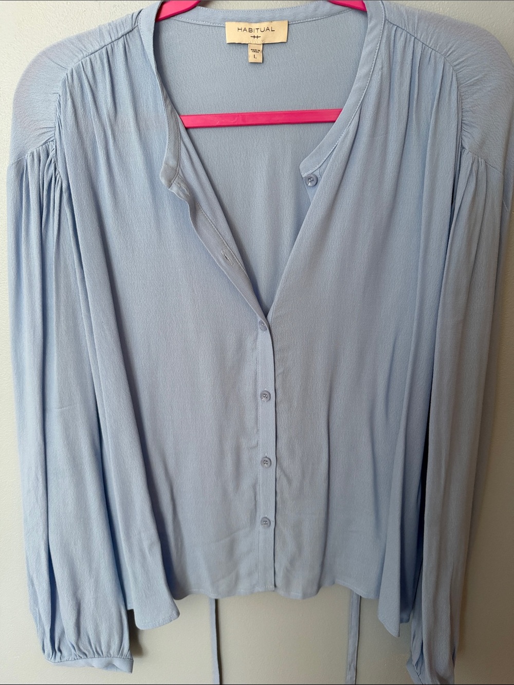 Habitual Pale Light Blue Button-Front V-Neck Blouse